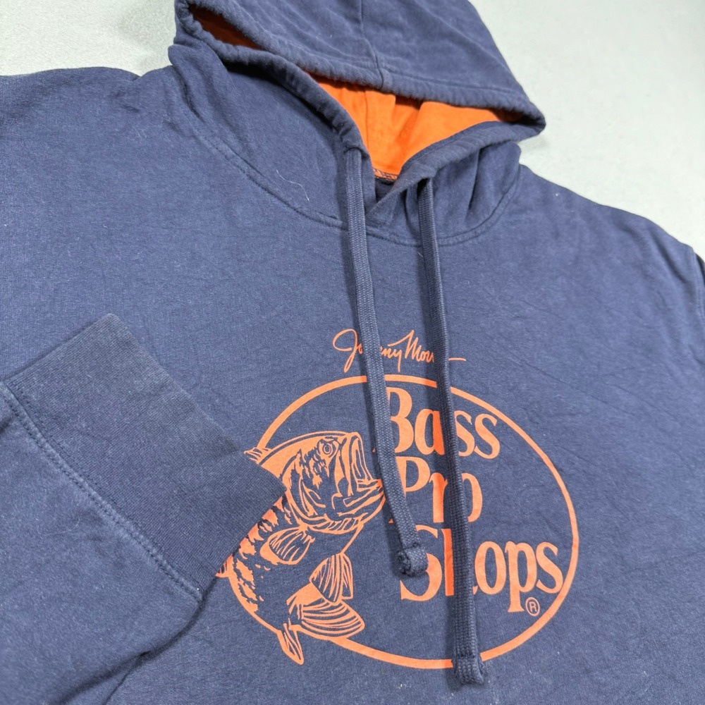 Bass Pro Shops Johnny Morris Graphic Hoodie Navy Blue Orange Mens 2XL Pullover